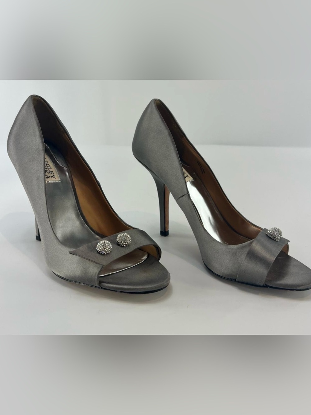 Badgely Mischka leather Silver Satin Peep-Toe Heels with Crystal Accent